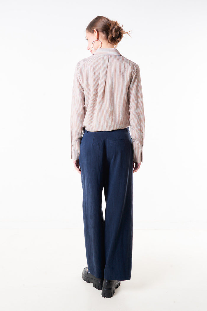 Pleated wide leg trouser with side button waistband detail wholesale