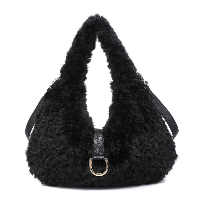 Plush textured hobo bag with gold buckle accent wholesale