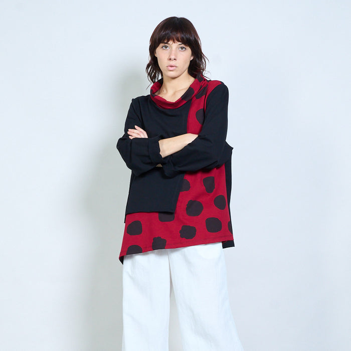Polka dot mixed-panel cowl-neck asymmetric top wholesale