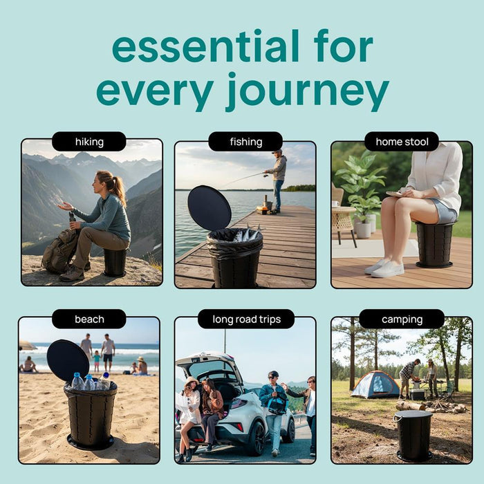 Portable Non-Slip Camping Toilet – Adjustable Height Foldable Travel Potty With Lid, Strap And Carry Bag For Car, Camping, Outdoor Use (Black)