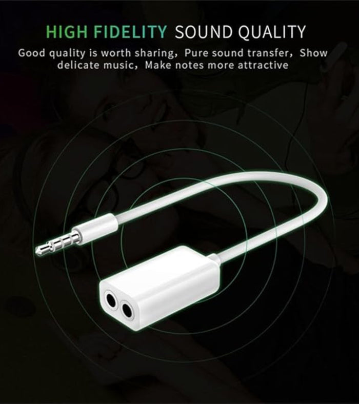 White 3.5mm audio splitter adapter cable with one male plug and dual female jacks