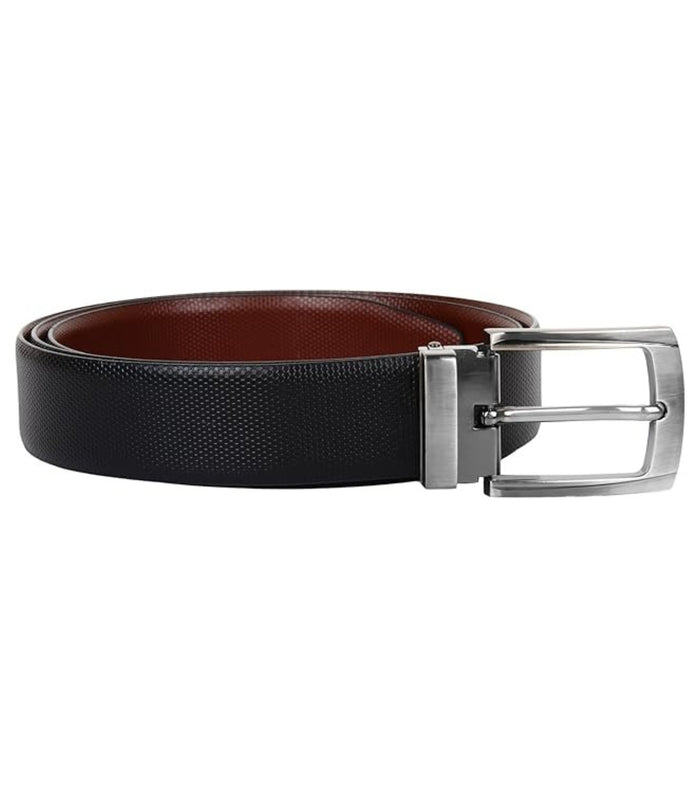 Reversible leather belt with silver buckle; textured black exterior with brown underside