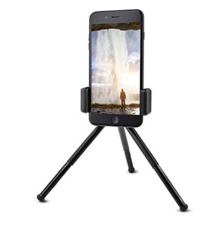 Mini tripod mount with phone holder clip holding a smartphone on three legs
