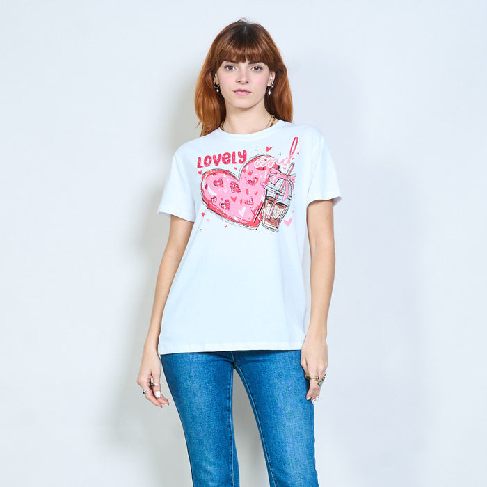 Rhinestones heart and drink graphic printed t-shirt wholesale