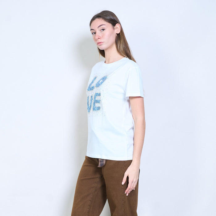 Rhinestones "Love" denim patch letter graphic printed t shirt wholesale