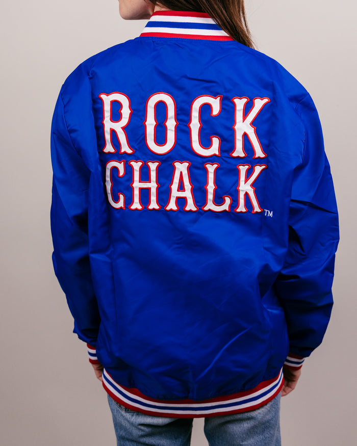 Royal Blue Rock Chalk Jayhawk KU Varsity Jacket Back