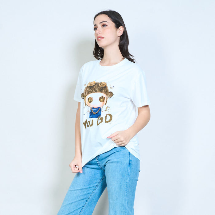 Round neck short sleeve t shirt with "you go" doll print wholesale