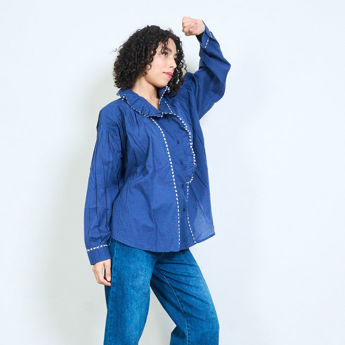 Ruffle front embroidered detail long sleeve blouse wholesale