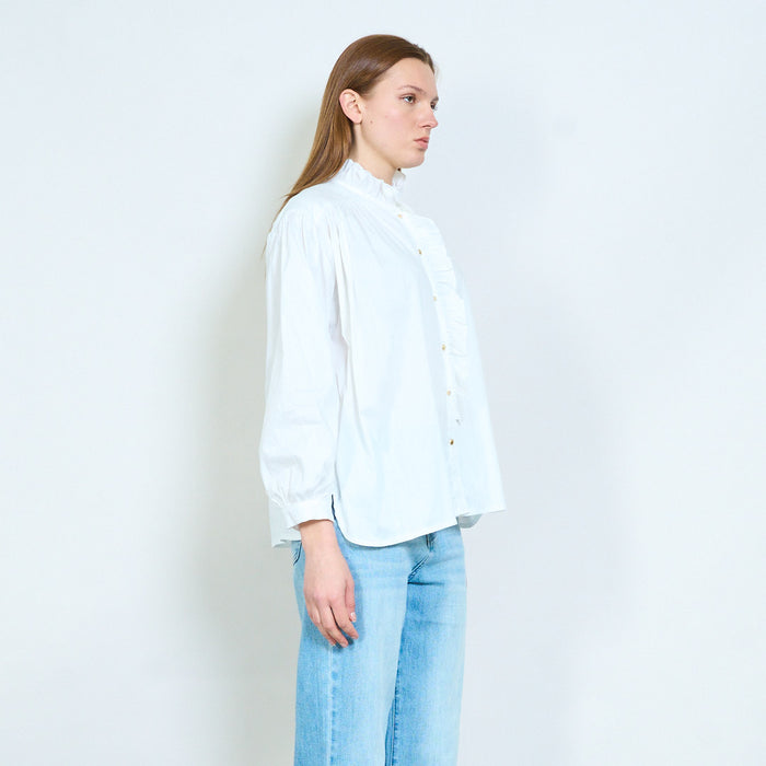 Ruffled stand collar button front blouse with gathered shoulders wholesale