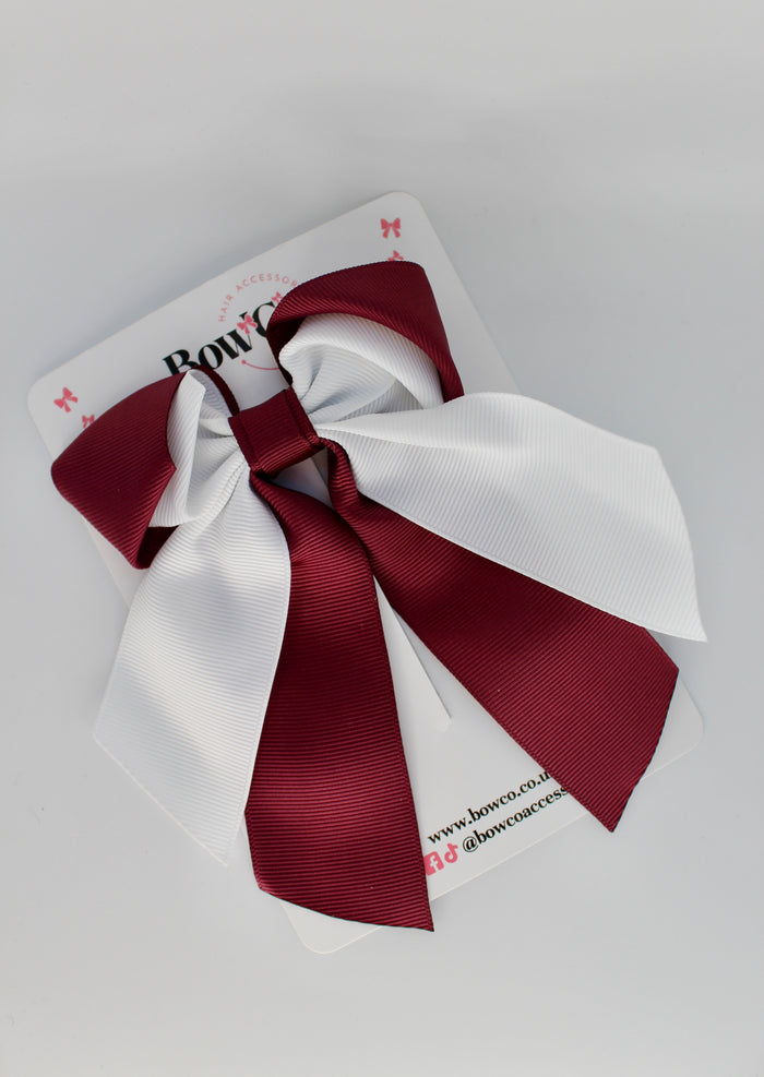 School Bow - Burgundy and White - Loop Tail Hair Bow - Clip