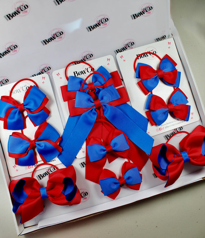 School Bow Bundle Saver - 10 Pack - Royal Blue and Red - Elastic