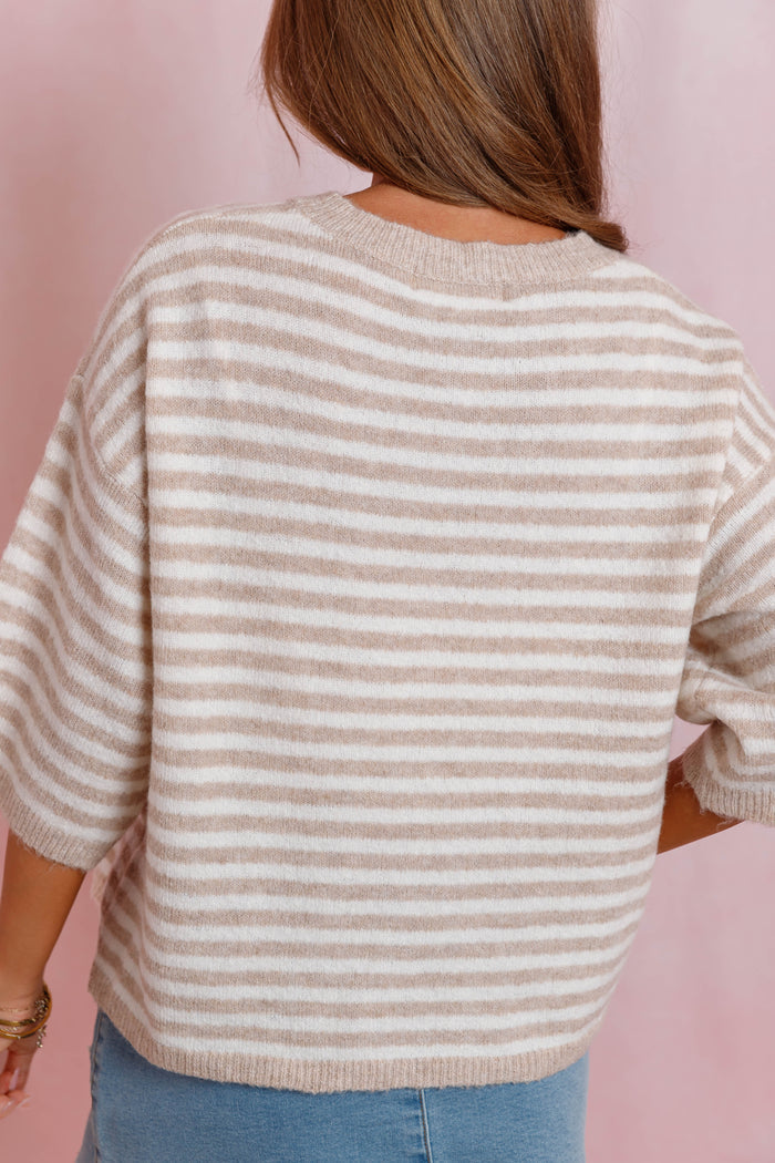 Taupe and Ivory Striped Cardigan- Women's Short Sleeve Button Sweater- Fall Sweaters for Women