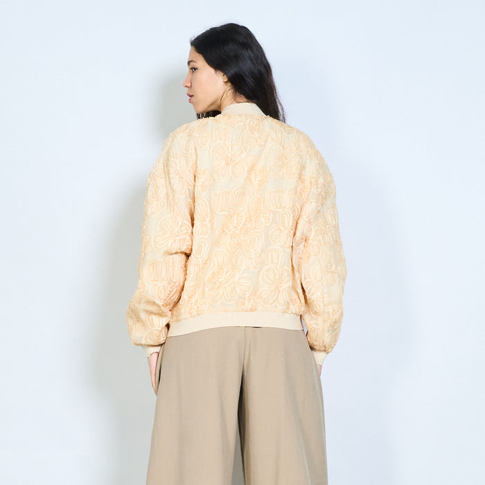 Sheer floral textured zip up bomber jacket wholesale