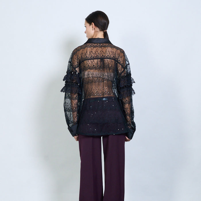 Sheer lace blouse with ruffle and sequin details wholesale