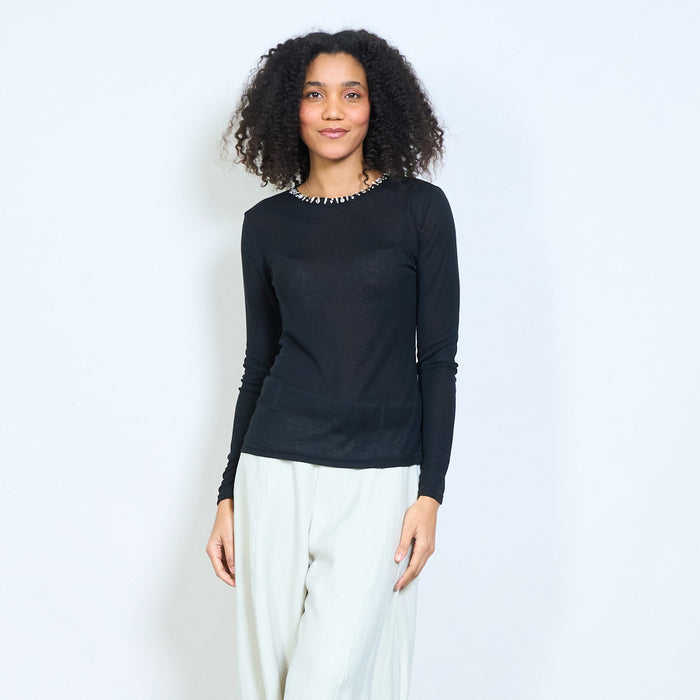 Sheer lightweight top with embellished neckline long sleeve blouse wholesale