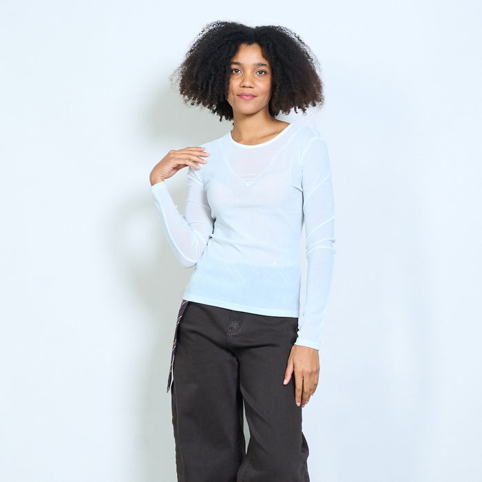 Sheer shimmer mesh long sleeve fitted top wholesale