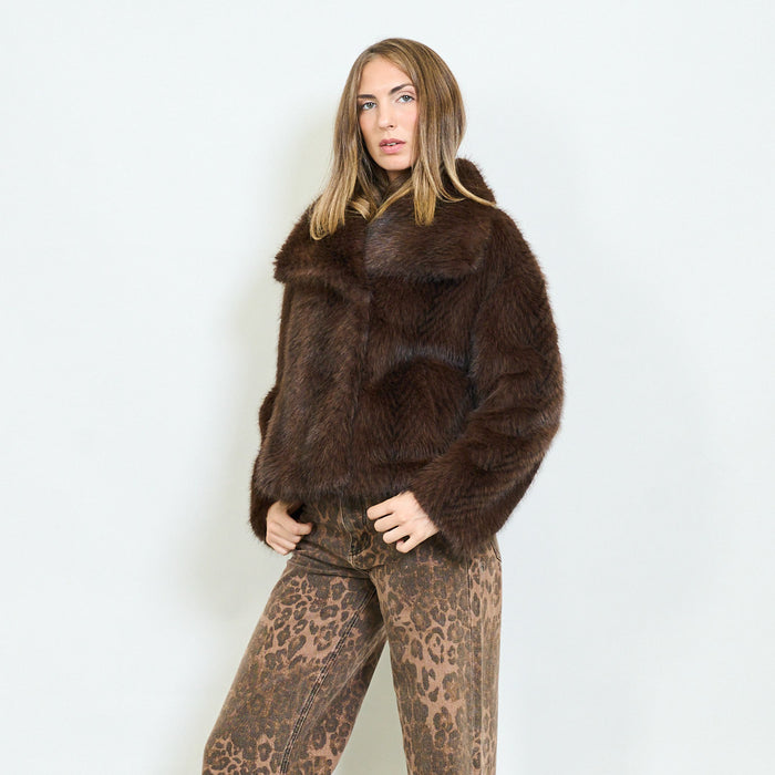 Short faux fur jacket with wide lapel collar wholesale