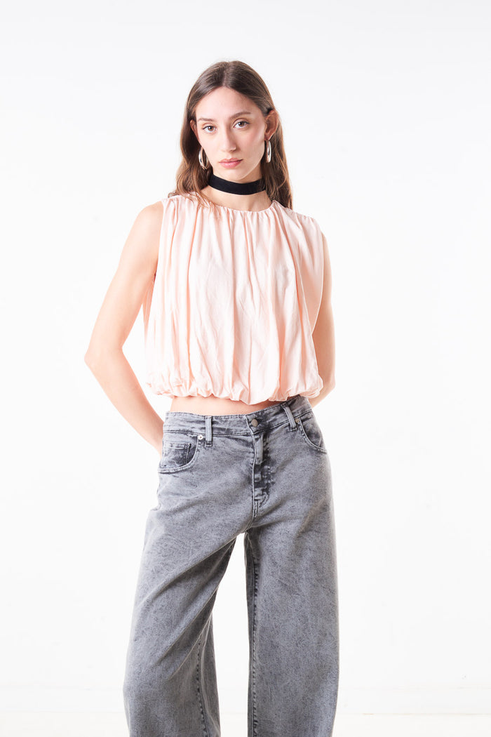 Sleeveless gathered round neck cropped blouse with elastic hem wholesale