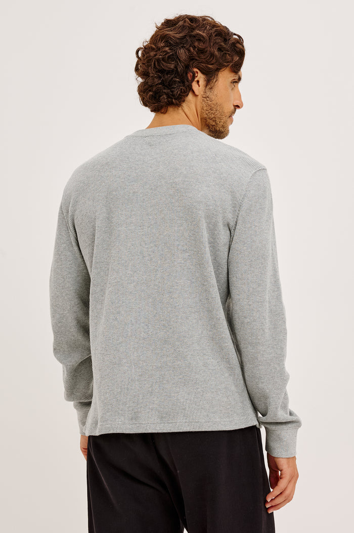 Smith Thermal in Micro-Waflle Cotton Knit With Ribbed Crew Neckline and Cuffs, and Long Sleeves in Heather Grey Colorway - Upper Body Back View Featured on Model