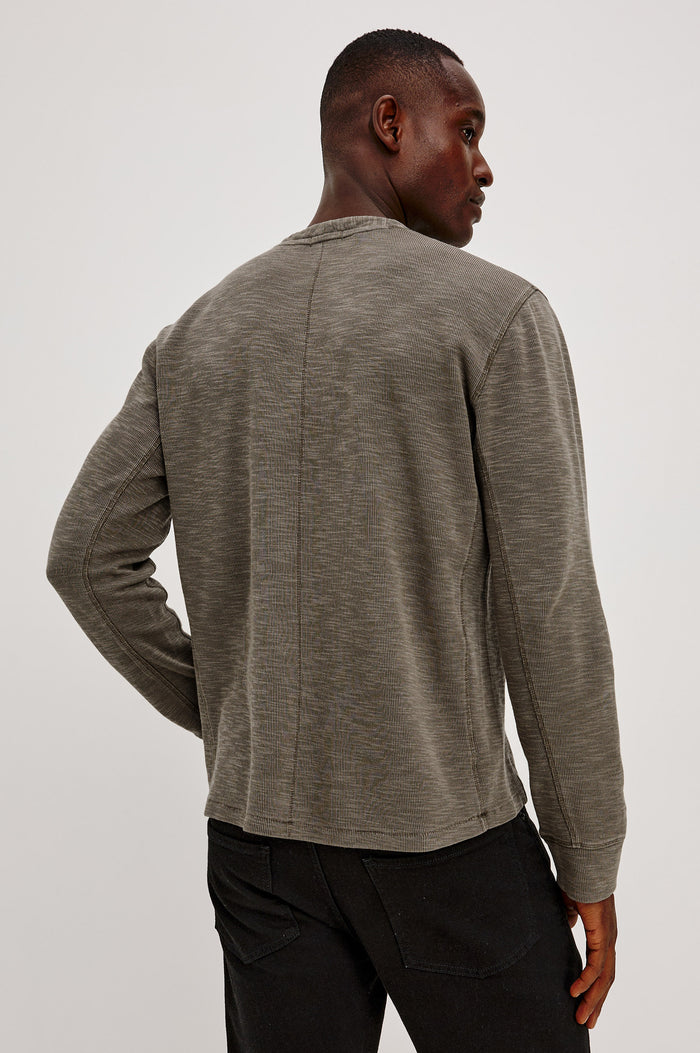 Soto Henley in Cotton French Rib Blend With 4-Button Placket, Tonal Seam Detailing, and Long Sleeves in Crossroad Colorway - Upper Body Back View Featured on Model
