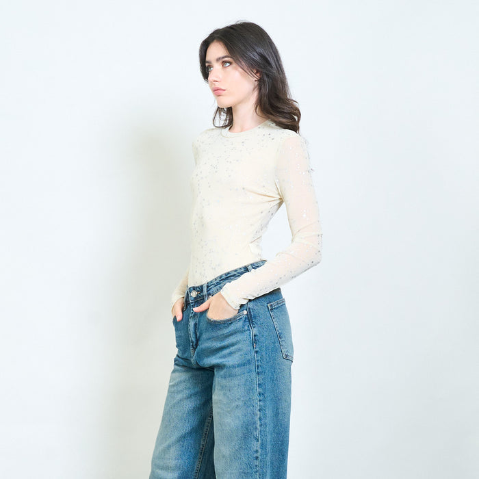 Star constellation sheer fitted long sleeve bodysuit top wholesale