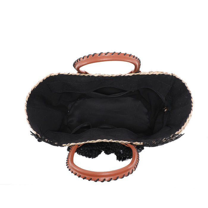Straw shopper bag with layered lace rosettes and sequin fan appliqué wholesale