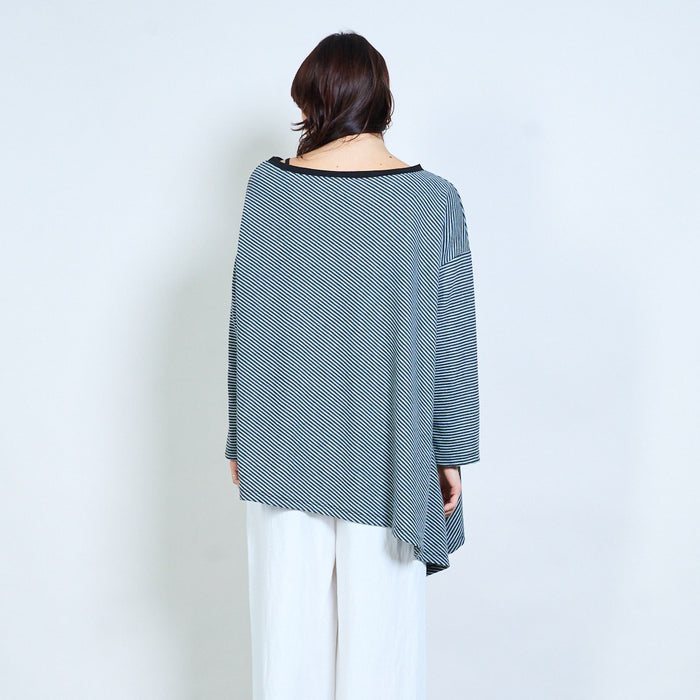 Striped asymmetric-flow relaxed long-sleeve top wholesale