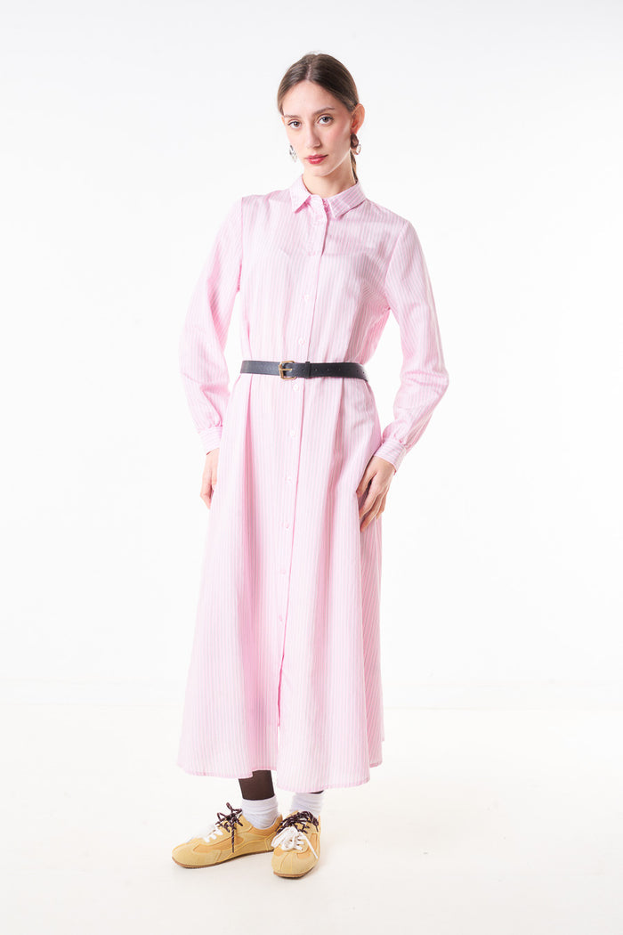 Striped button front midi shirt dress with collar neckline wholesale