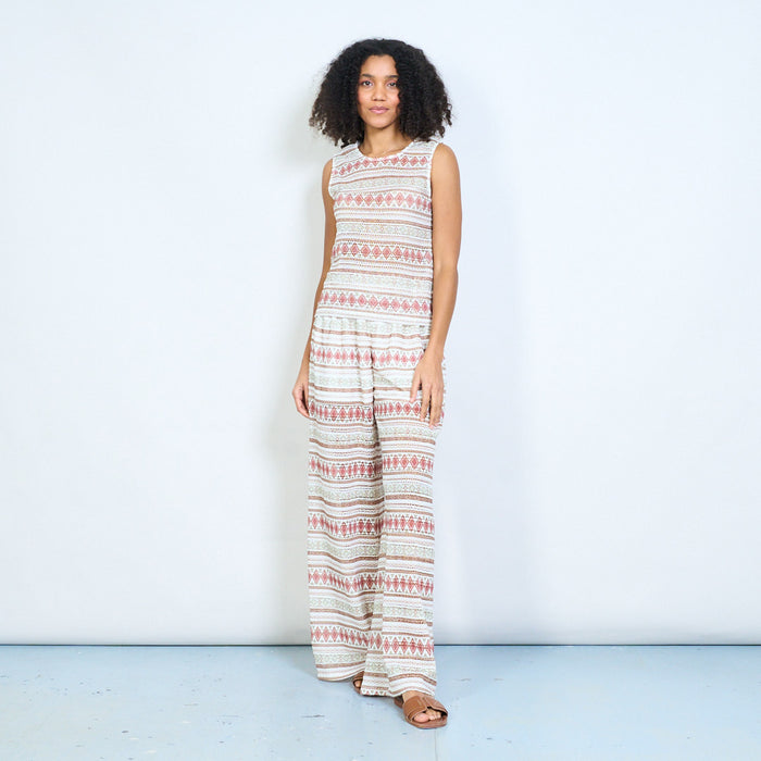 Striped geometric ethnic pattern wide leg trousers with elastic waistband wholesale