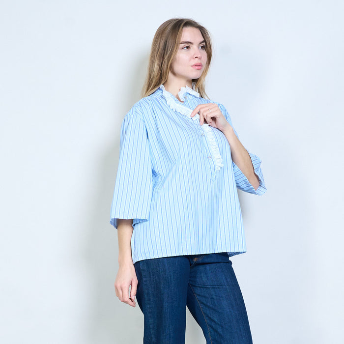 Striped lace ruffle stand collar blouse wholesale