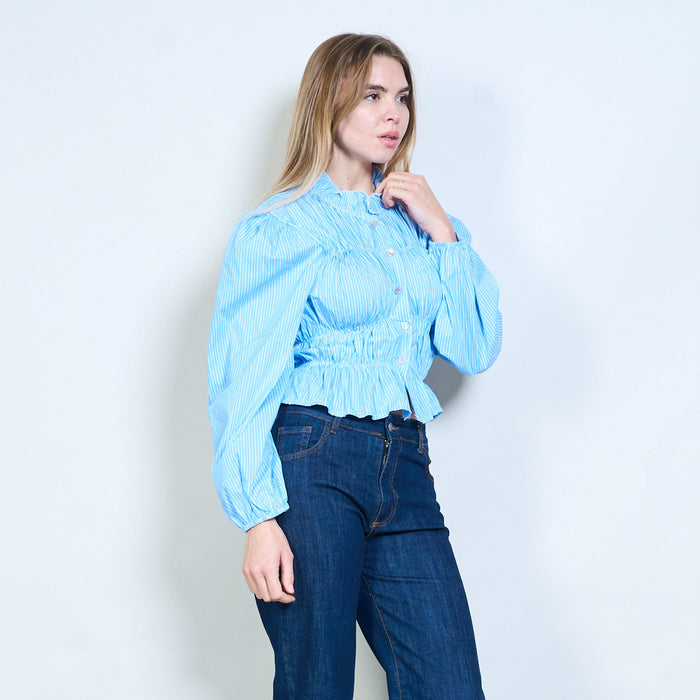 Striped ruffle collar shirred button blouse wholesale
