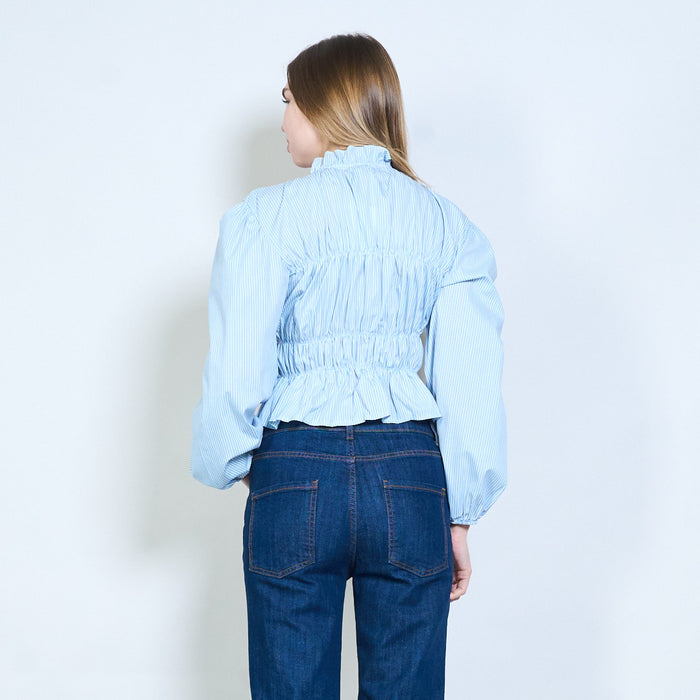 Striped ruffle collar shirred waist blouse wholesale