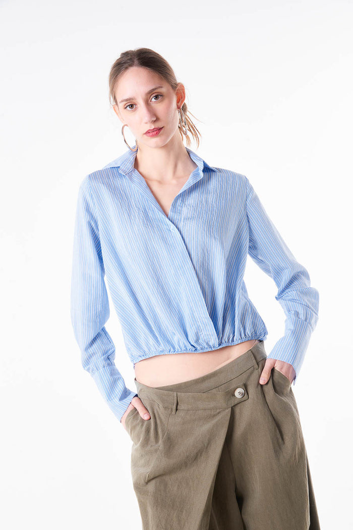 Striped wrap style cropped blouse with collar neckline and elastic hem wholesale