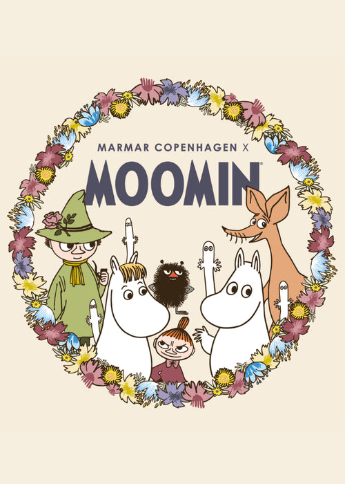 T‑shirt with circular Moomin print, flower wreath and text MARMAR COPENHAGEN