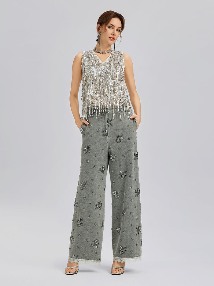 Tassel Sequin Embroidered V-Neck Vest