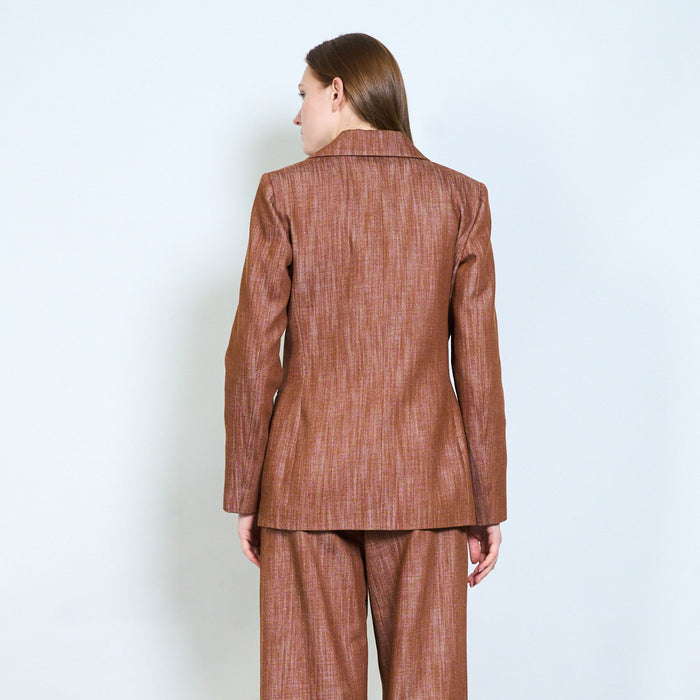 Textured double breasted tailored blazer with decorative brooch wholesale
