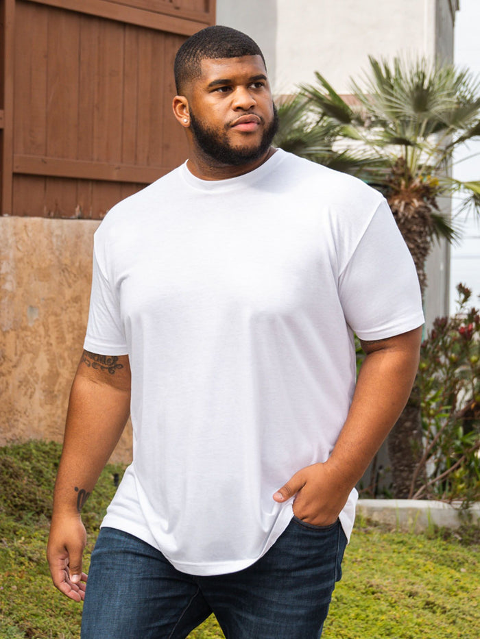Steven is 6', 275lbs and wears a size 3xl # Throwback 5-Pack White Crew Neck Tee Model | Fresh Clean Threads