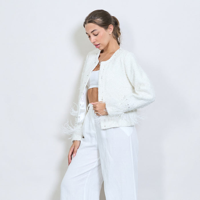 Tweed pearl-embellished cropped jacket with feather trim wholesale