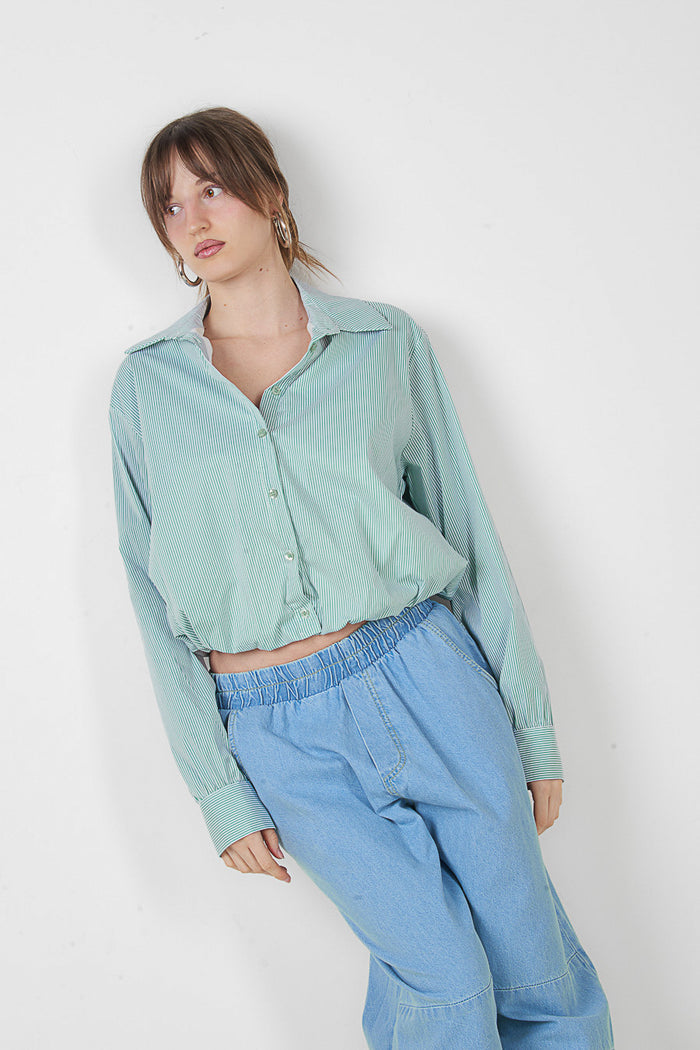 Vertical stripe cropped button front shirt wholesale
