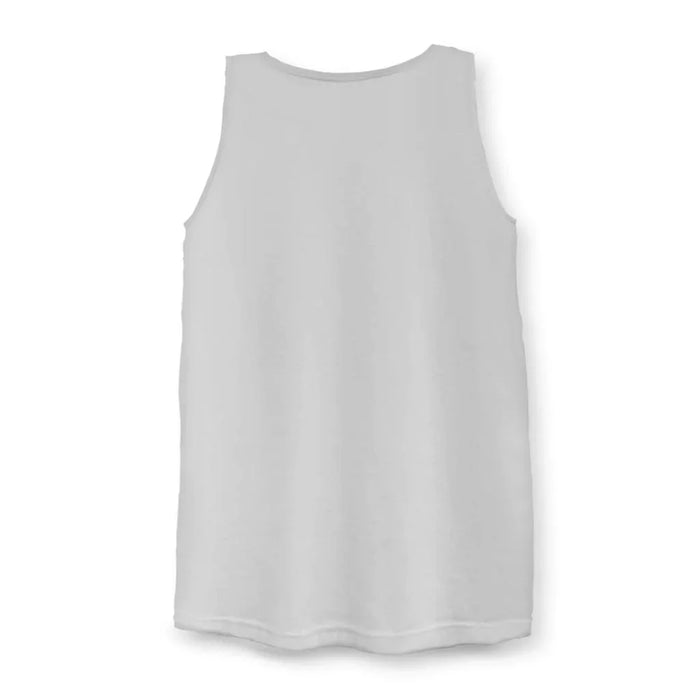 Very Nice Men's Tank - The infinite loop Droste effect applied to the biscuit tan (#C4915C) dog portrait wearing dark sunglasses (#1A1A1A), set against a muted slate-blue background (#708090) and paired with the cascading low-res pixelated text in black (#1A1A1A).