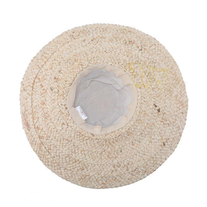 Wide brim raffia hat with “chillaxing” script detail wholesale