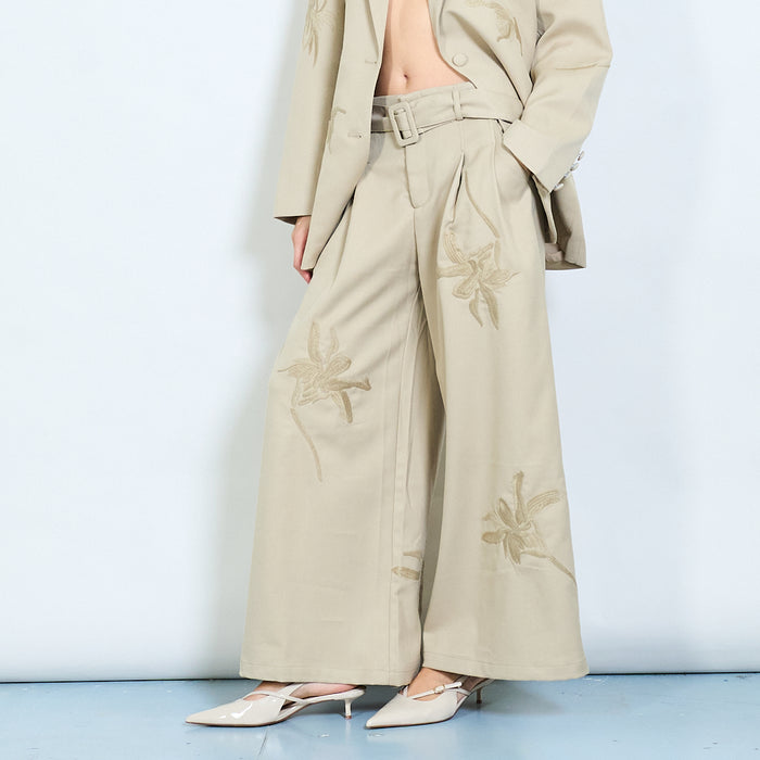 Wide-leg belted trousers with floral embroidery wholesale