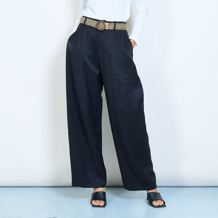 Wide leg lightweight trousers with woven belt wholesale