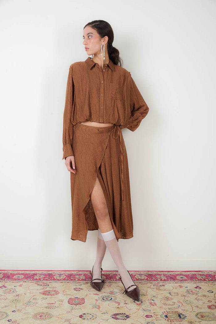 Wrap front slit flowy midi skirt wholesale