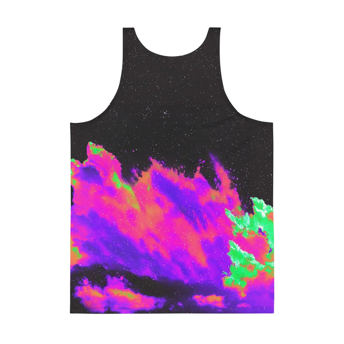 Zeus Mode Men's Tank - The stark contrast of the "radioactive lime green (#32CD32)" classical bearded bust set against a "neon violet (#8A2BE2)" and "obsidian void (#151515)" celestial backdrop.