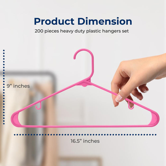 200 Pack Non-Slip Space-Saving Hangers, Sturdy Plastic, Pink