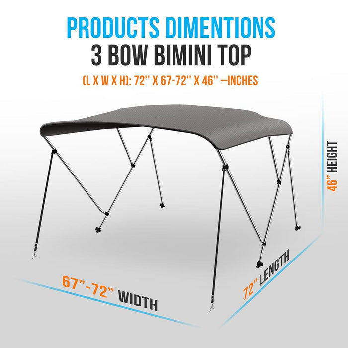 3 Bow Bimini Top - 2 Straps And 2 Rear Support Poles With Marine-Grade 600D Polyester Canvas (Gray)