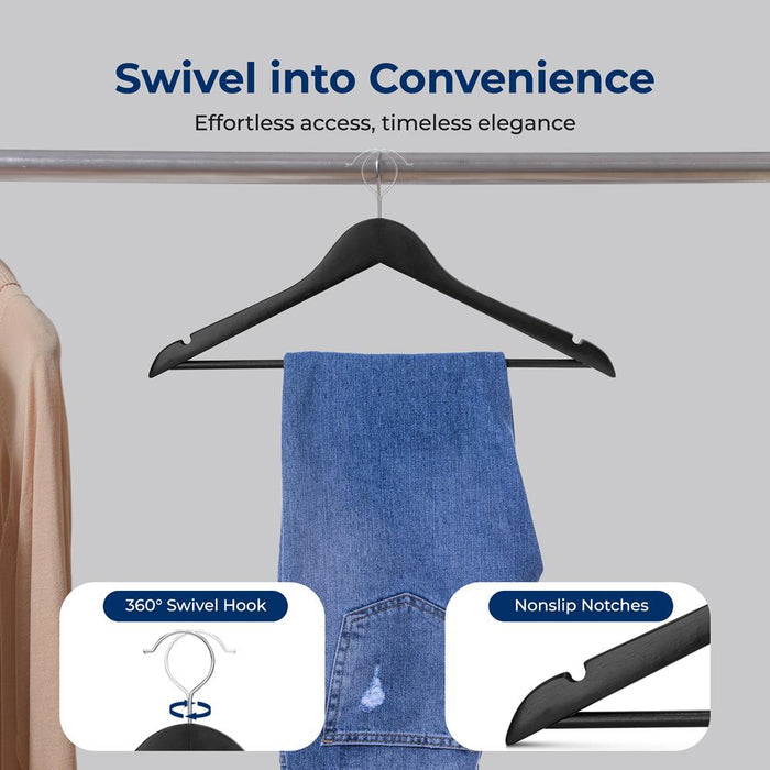 60-Pack Wooden Suit Hangers, Heavy-Duty, 360° Swivel Hook, Black