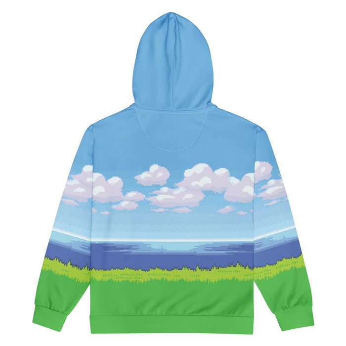 8-Bit Ocean Zip Hoodie - The juxtaposition of the "vibrant lime turf (#32CD32)" platform blocks against the "cerulean sky gradient (#5DADE2)," instantly simulating the start screen of a quintessential 8-bit adventure.