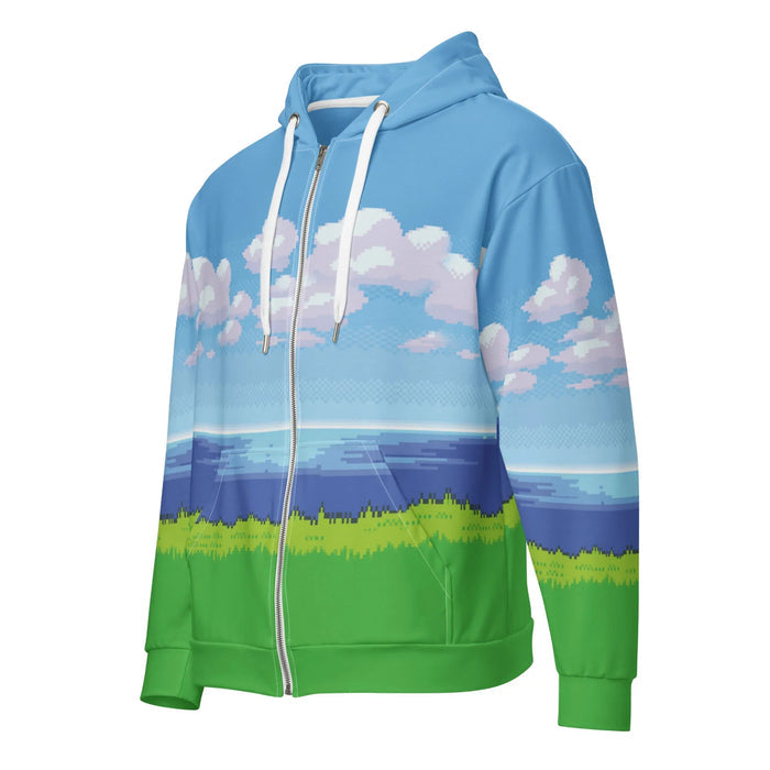 8-Bit Ocean Zip Hoodie in Retro Pixel Landscape. OEKO-TEX® 100, REACH Compliant, GRS Certified.